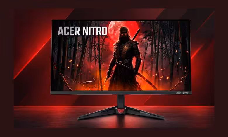 Acer Nitro VG277U : le moniteur QD-OLED 240 Hz chute à seulement 269 dollars 1 Moniteur gaming Acer Nitro VG277U affichant un guerrier devant une lune rouge, sur fond sombre