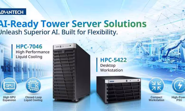 Advantech HPC-7046 : refroidissement liquide et neuf slots pour les GPU IA 1 Visuel Advantech AI-Ready Tower Server Solutions présentant les serveurs HPC-7046 et HPC-5422 pour l’intelligence artificiell