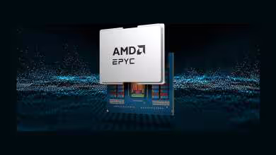 Processeur serveur AMD EPYC sur fond technologique bleu, avec puce et substrat visibles