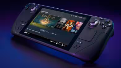 Console portable Valve Steam Deck affichant SteamOS et plusieurs jeux sur fond bleu et violet