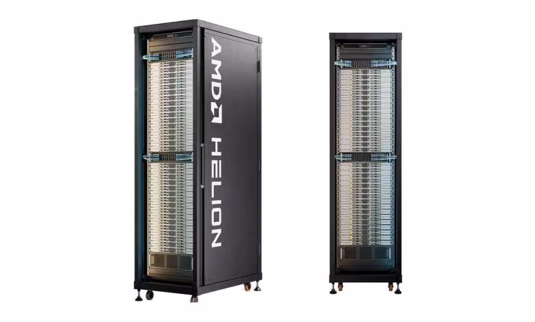 AMD Helion : un rack ouvert pour l'IA agentique attendu dès novembre 2026 1 Rack ouvert AMD Helion pour IA agentique, vue avant et latérale avec modules serveur haute densité visibles