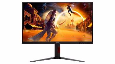 Moniteur gaming AOC U27G4Z vu de face, affichant une scène de jeu sur écran 4K