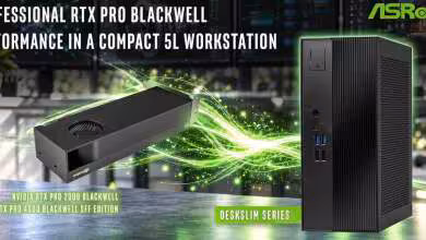 Visuel ASRock DeskSlim avec GPU NVIDIA RTX PRO Blackwell dans un environnement de station de travail