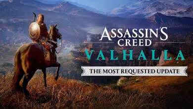 Assassin’s Creed Valhalla, guerrier viking à cheval face aux montagnes avec mention The Most Requested Update