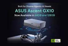Visuel promotionnel ASUS Ascent GX10 64 Go et 128 Go avec bras robotique et logo NVIDIA DGX Spark