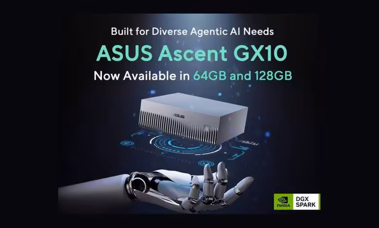 ASUS Ascent GX10 : une version 64 Go pour exécuter les modèles IA de 30 à 35B 1 Visuel promotionnel ASUS Ascent GX10 64 Go et 128 Go avec bras robotique et logo NVIDIA DGX Spark