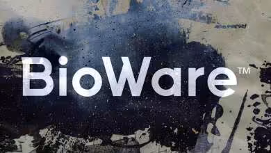 Logo BioWare blanc sur fond abstrait bleu et noir éclaboussé