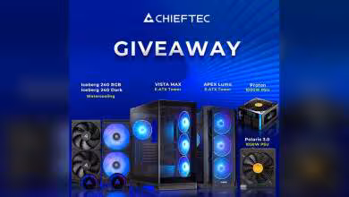 Visuel concours Chieftec avec watercoolings Iceberg, boîtiers Vista Max et Apex Lumo, alimentations Proton et Polaris 3.0