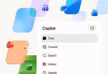 Interface Copilot de Microsoft avec options Chat, Cowork, Search, Library et Agents sur fond Office coloré