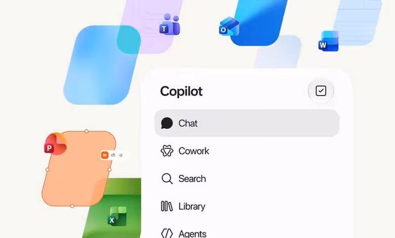 Copilot dans Windows 11 : Microsoft retire huit actions IA de l’Explorateur 1 Interface Copilot de Microsoft avec options Chat, Cowork, Search, Library et Agents sur fond Office coloré