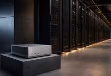 Serveur IA compact argenté posé devant des baies de datacenter à éclairage LED, illustrant l’inférence haute performance