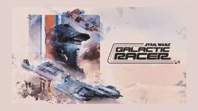 Illustration promotionnelle Star Wars Galactic Racer avec vaisseaux futuristes et logo officiel du jeu spatial