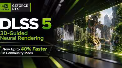 Visuel NVIDIA GeForce RTX présentant DLSS 5, rendu neuronal guidé 3D et performances jusqu’à 40 % supérieures