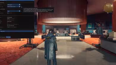 Cyberpunk 2077 avec menu graphique NVIDIA DLSS Frame Generation affiché dans un hall d’hôtel