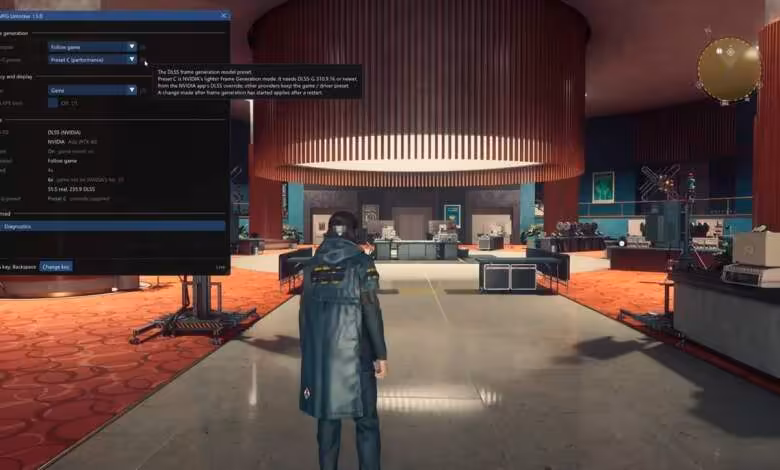 DLSS Frame Generation : le Preset C arrive déjà sur les GeForce RTX 30 via un mod 1 Cyberpunk 2077 avec menu graphique NVIDIA DLSS Frame Generation affiché dans un hall d’hôtel