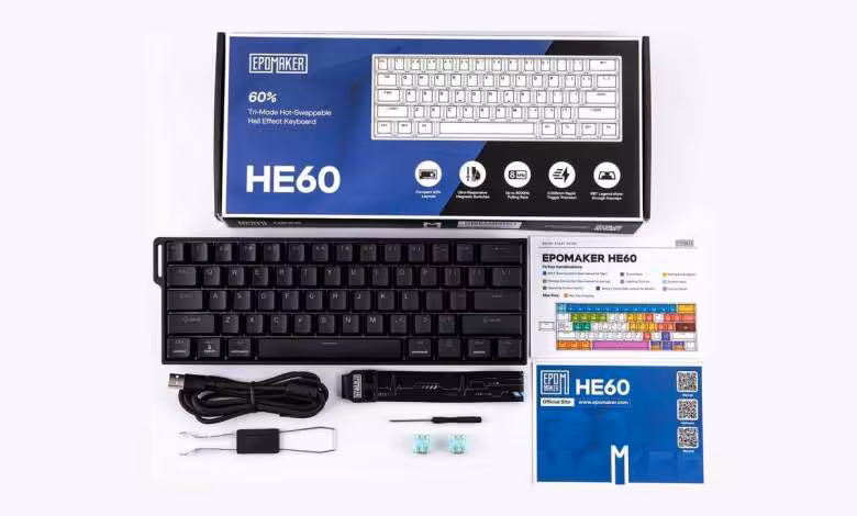 Epomaker HE60 : un clavier magnétique sans fil 8 kHz proposé à moins de 60 dollars 1 Contenu de la boîte Epomaker HE60 : clavier, câble USB, extracteur, switches et documentation