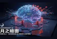 Illustration Moonshot AI Kimi K3.1, cerveau numérique sur carte de Chine avec tampons Export Control rouges