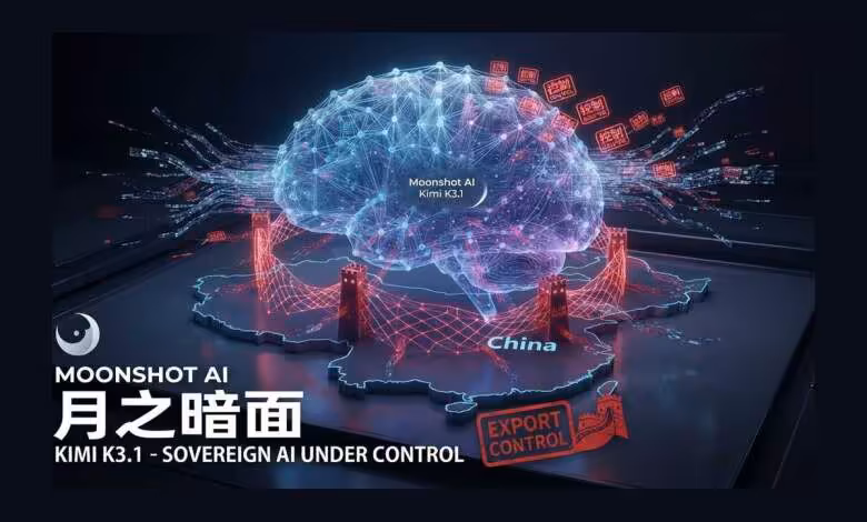 Export IA chinois : Pékin place les grands modèles sous licence obligatoire 1 Illustration Moonshot AI Kimi K3.1, cerveau numérique sur carte de Chine avec tampons Export Control rouges