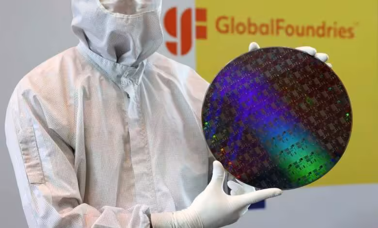 FDX Fusion : GlobalFoundries revient dans la course avec un procédé de classe 7 nm 1 Employé GlobalFoundries en salle blanche tenant une tranche de silicium colorée devant le logo de l’entreprise