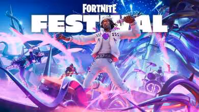 Visuel promotionnel Fortnite Festival avec chanteur sur scène futuriste, néons violets et personnages musicaux