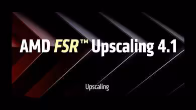 Visuel officiel AMD FSR Upscaling 4.1 sur fond noir avec motifs diagonaux rouges et gris