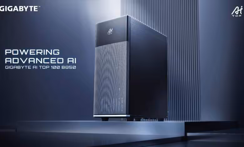 Gigabyte AI TOP 100 B850 : jusqu’à 235 milliards de paramètres en local 1 Visuel promotionnel Gigabyte AI TOP 100 B850 montrant une tour IA noire dans un décor futuriste