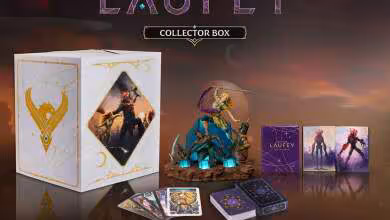 Visuel officiel PS5 du coffret collector God of War Laufey avec figurine lumineuse, cartes oracle et mini artbook