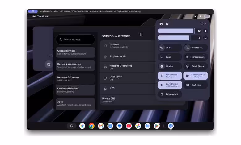 Googlebook OS démarre déjà sur les Mac Apple Silicon grâce à une machine virtuelle 1 Fenêtre des paramètres Googlebook OS affichée sur un Mac Apple Silicon, avec dock ChromeOS en bas