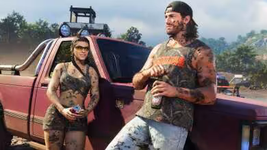 Capture GTA 6 montrant deux personnages devant un pick-up rouge tout-terrain dans un décor rural américain