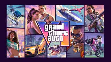 Illustration officielle Grand Theft Auto VI avec logo central, protagonistes, voitures, hélicoptère, bateau et moto rose