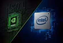 Illustration comparant une puce NVIDIA verte et un processeur Intel sur fond de circuits électroniques