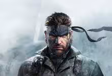 Solid Snake, personnage de Metal Gear Solid V, sur fond gris enneigé