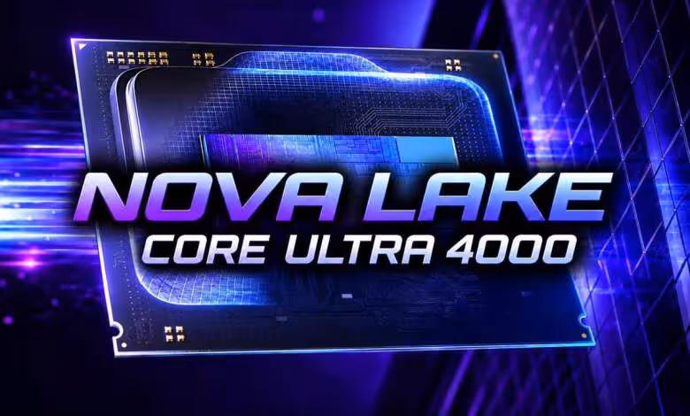 Intel Nova Lake : le Core Ultra 9 4995HX grimperait à 28 cœurs sur portable 1 Visuel Intel Nova Lake Core Ultra 4000 montrant une puce processeur futuriste sur fond bleu et violet