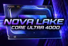 Visuel conceptuel du processeur Intel Nova Lake Core Ultra 4000 sur fond technologique bleu et violet