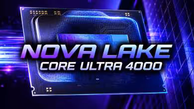Visuel conceptuel du processeur Intel Nova Lake Core Ultra 4000 sur fond technologique bleu et violet
