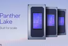 Visuel Intel Panther Lake « Built for scale » montrant trois puces avec matrices violettes