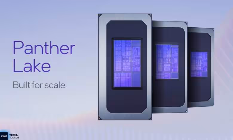 Visuel Intel Panther Lake « Built for scale » montrant trois puces avec matrices violettes