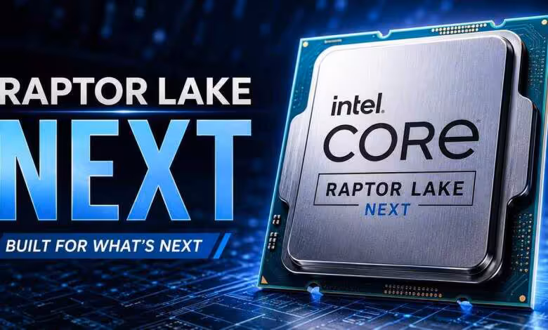 Intel Raptor Lake NEXT : quatre processeurs LGA 1700 repérés avant leur lancement 1 Processeur Intel Core Raptor Lake Next présenté sur fond technologique bleu