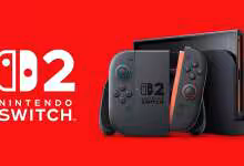Nintendo Switch 2 noire avec Joy-Con gris et rouge, dock vertical et logo officiel sur fond rouge
