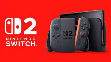 Nintendo Switch 2 noire avec Joy-Con gris et rouge, dock vertical et logo officiel sur fond rouge