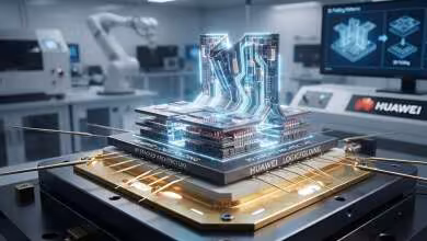 Puce Huawei LogicFolding sur substrat doré avec empilement 3D transparent et interconnexions lumineuses en laboratoire