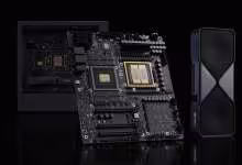 NVIDIA DGX Station avec carte mère, processeur NVIDIA GB300 et boîtier noir vertical