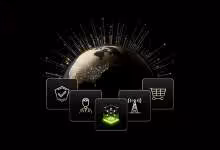 Visuel NVIDIA Nemotron 3.5 montrant puce IA verte, globe connecté et icônes sécurité, commerce, réseau