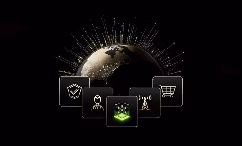 NVIDIA Nemotron 3.5 : trois modèles ouverts de 120B, 24 Go et 4 Go pour les agents IA 1 Visuel NVIDIA Nemotron 3.5 montrant puce IA verte, globe connecté et icônes sécurité, commerce, réseau