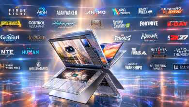 Ordinateur portable NVIDIA RTX Spark présenté en position pliée, entouré de logos de jeux compatibles