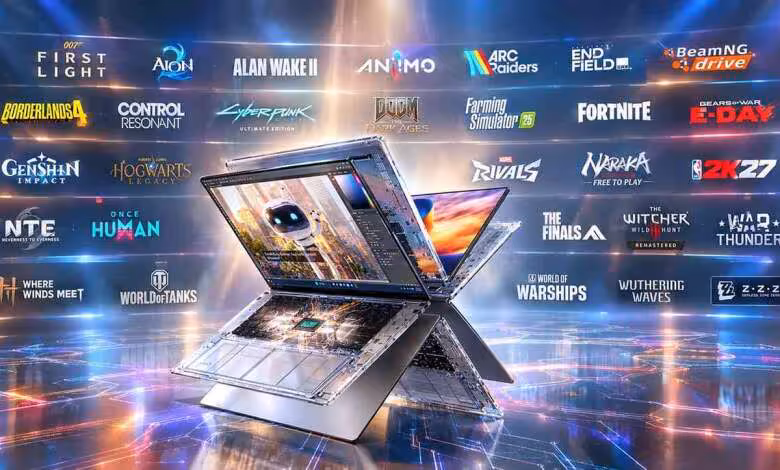 NVIDIA RTX Spark : des centaines de jeux et l’anti-triche prêts au lancement 1 Ordinateur portable NVIDIA RTX Spark présenté en position pliée, entouré de logos de jeux compatibles