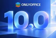 Visuel promotionnel ONLYOFFICE 10.0 avec logo, chiffres bleus lumineux et décor futuriste de bureaux modernes