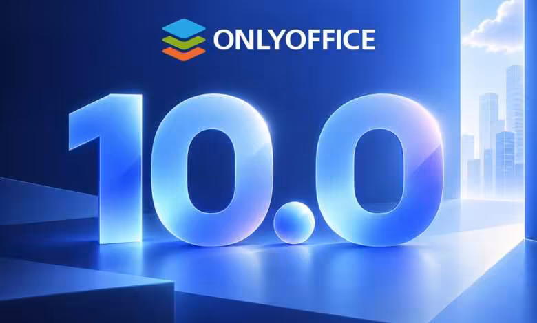 OnlyOffice 10.0 intègre l’IA contextuelle et corrige 35 failles de sécurité 1 Visuel promotionnel ONLYOFFICE 10.0 avec logo, chiffres bleus lumineux et décor futuriste de bureaux modernes