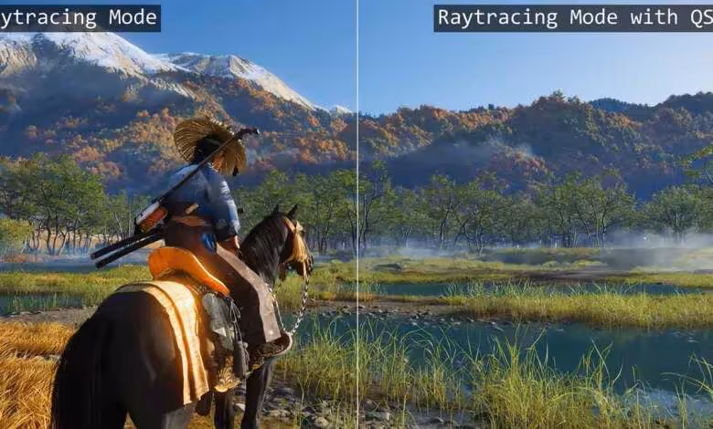 PlayStation 5 : Sony adapte son upscaling IA QSSR à la console standard 1 Comparatif ray tracing avec et sans QSSR sur PlayStation 5, montrant un jeu de chevalier à cheval