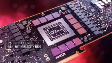 GPU AMD Radeon avec puces mémoire GDDR6 visibles, capacité 24 Go et bus mémoire 384 bits